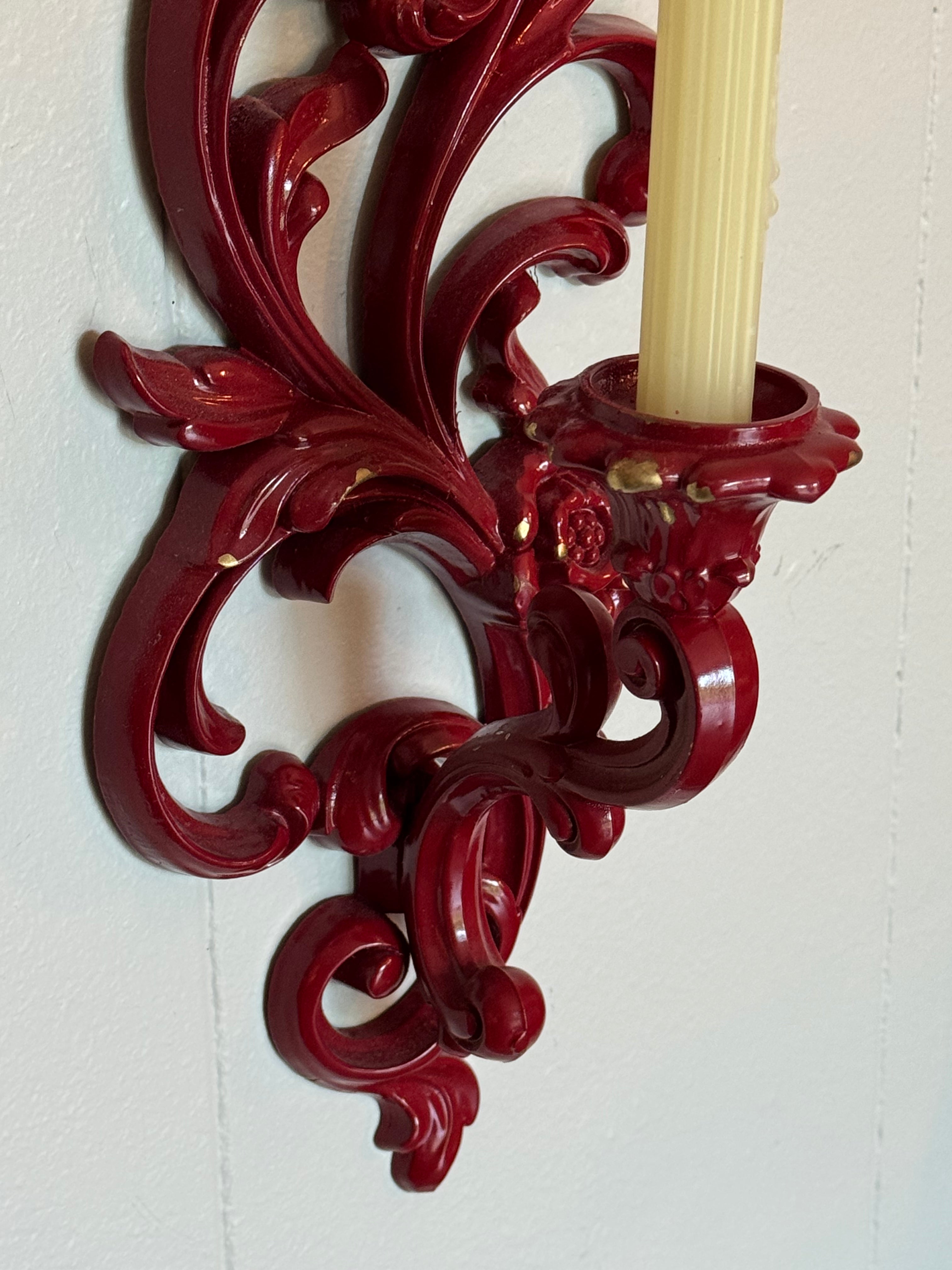 Vintage Syroco Victorian Wall Sconce Candle Holders, Set of 2 / Red with Gold Details