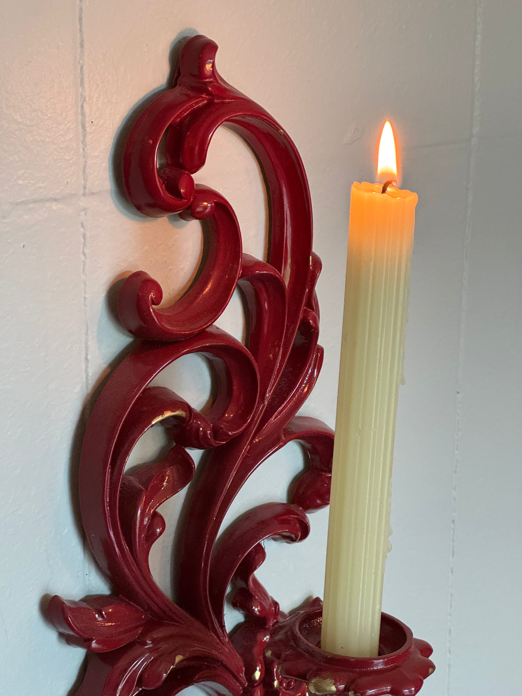Vintage Syroco Victorian Wall Sconce Candle Holders, Set of 2 / Red with Gold Details