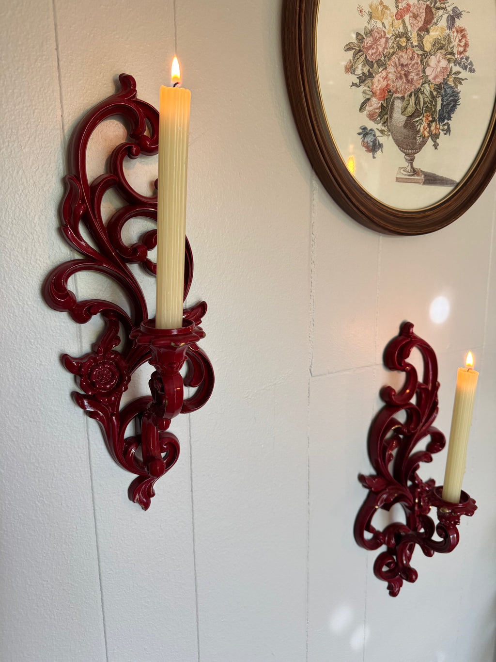 Vintage Syroco Victorian Wall Sconce Candle Holders, Set of 2 / Red with Gold Details