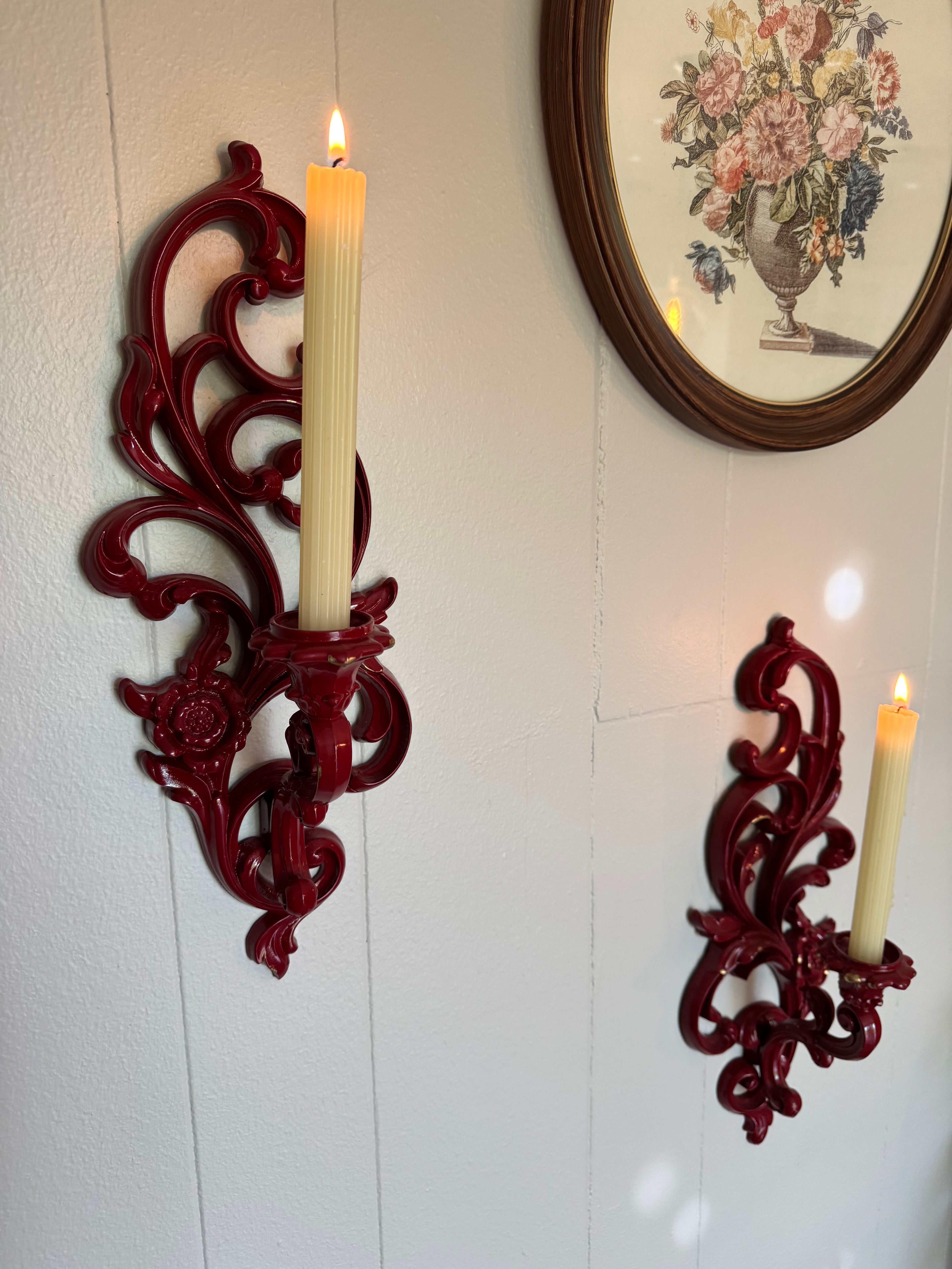 Vintage Syroco Victorian Wall Sconce Candle Holders, Set of 2 / Red with Gold Details