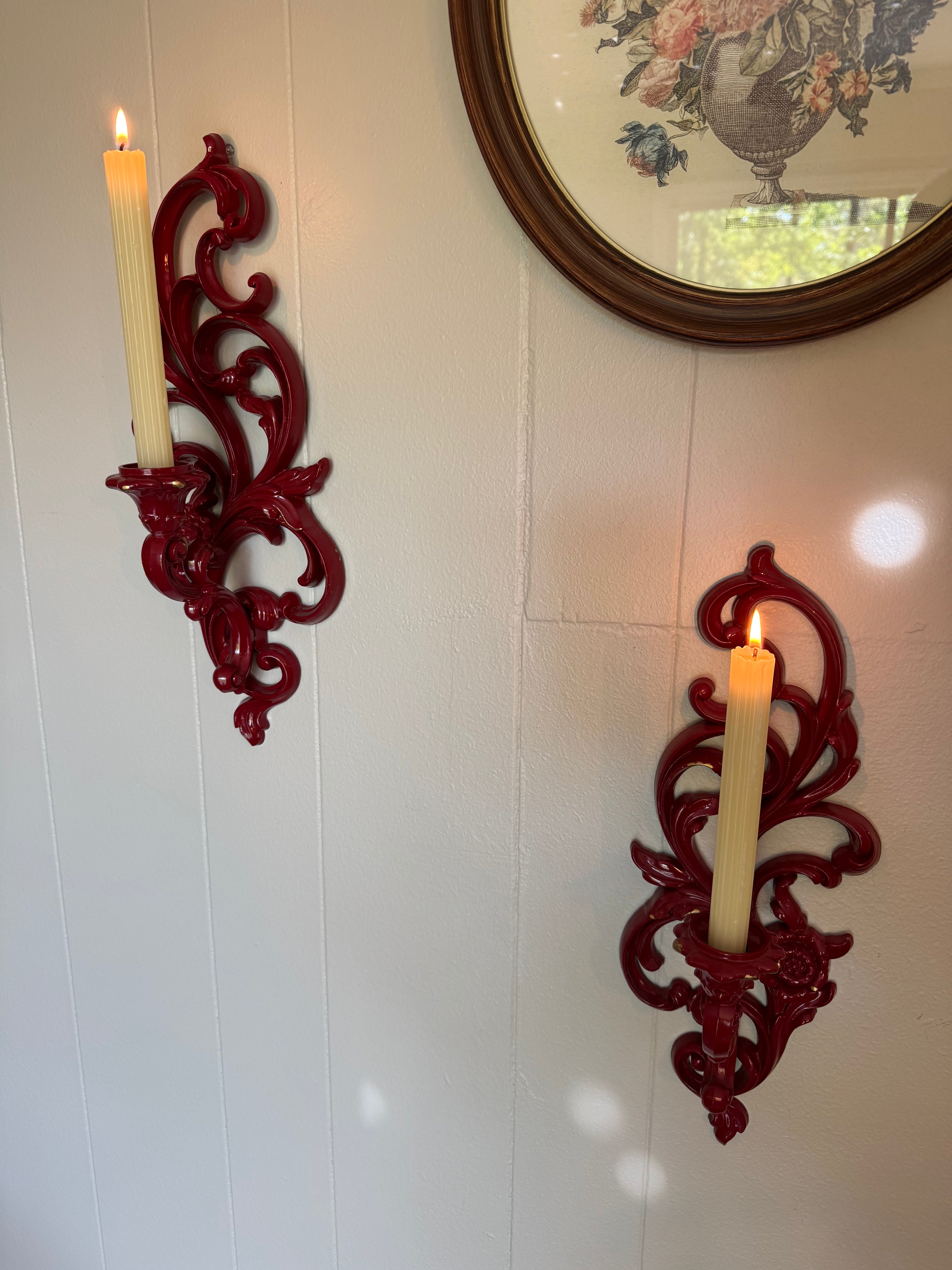 Vintage Syroco Victorian Wall Sconce Candle Holders, Set of 2 / Red with Gold Details