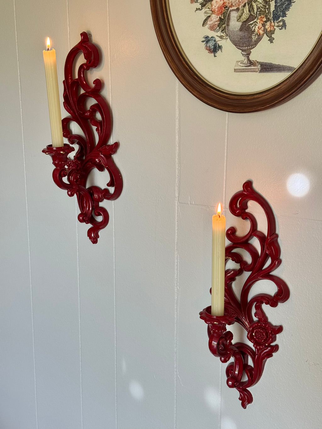 Vintage Syroco Victorian Wall Sconce Candle Holders, Set of 2 / Red with Gold Details