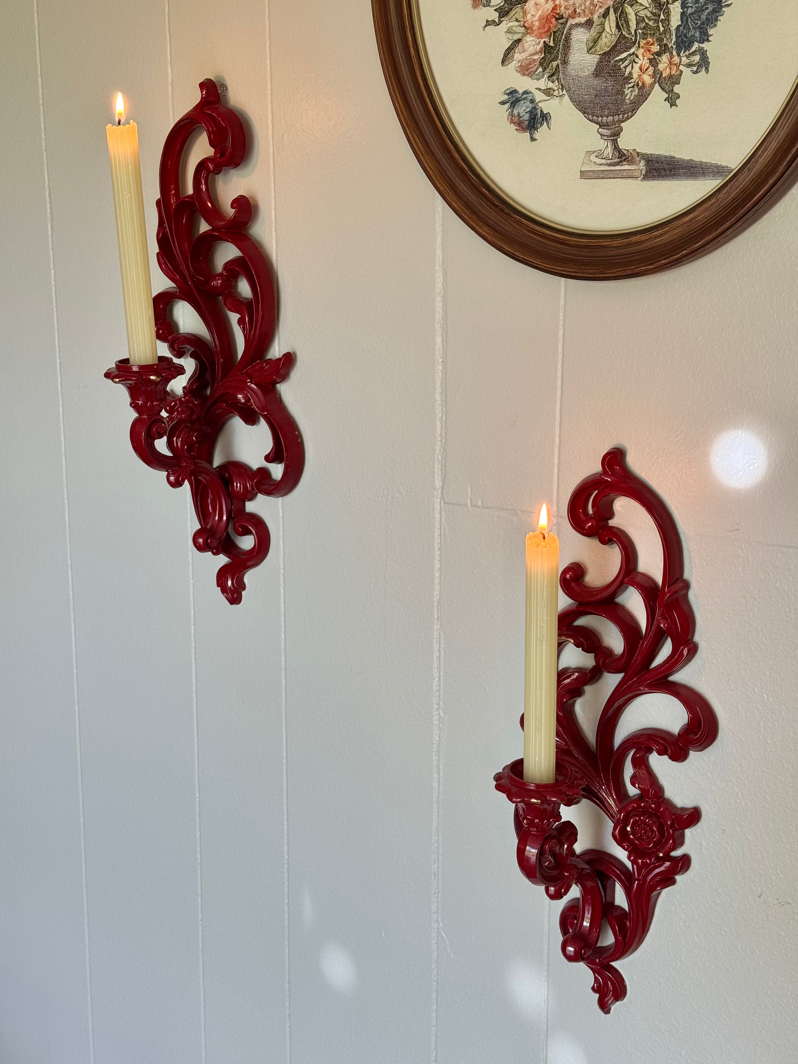 Vintage Syroco Victorian Wall Sconce Candle Holders, Set of 2 / Red with Gold Details