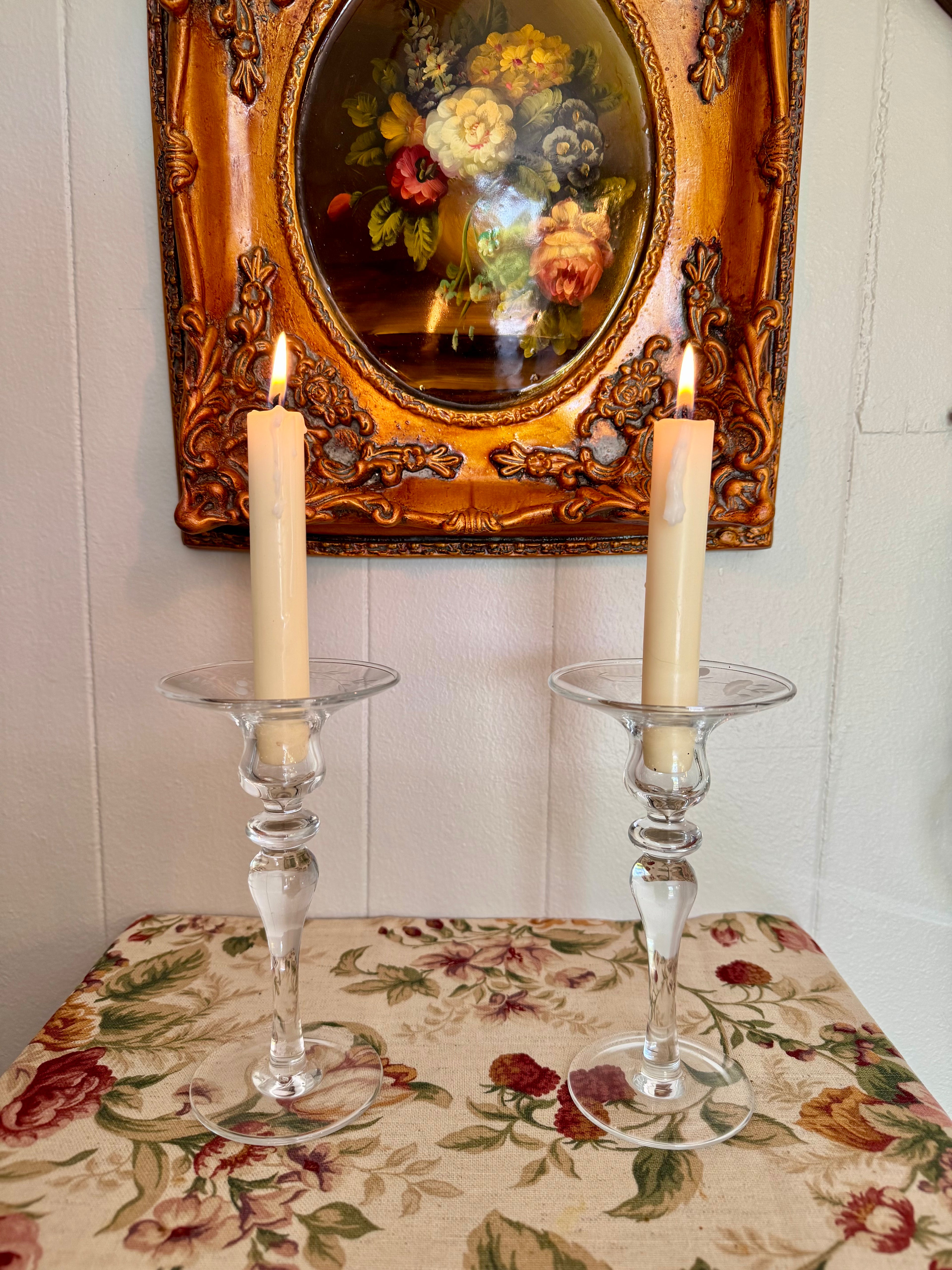 Vintage Princess House Candlestick Holders Floral Etched / Set of 2