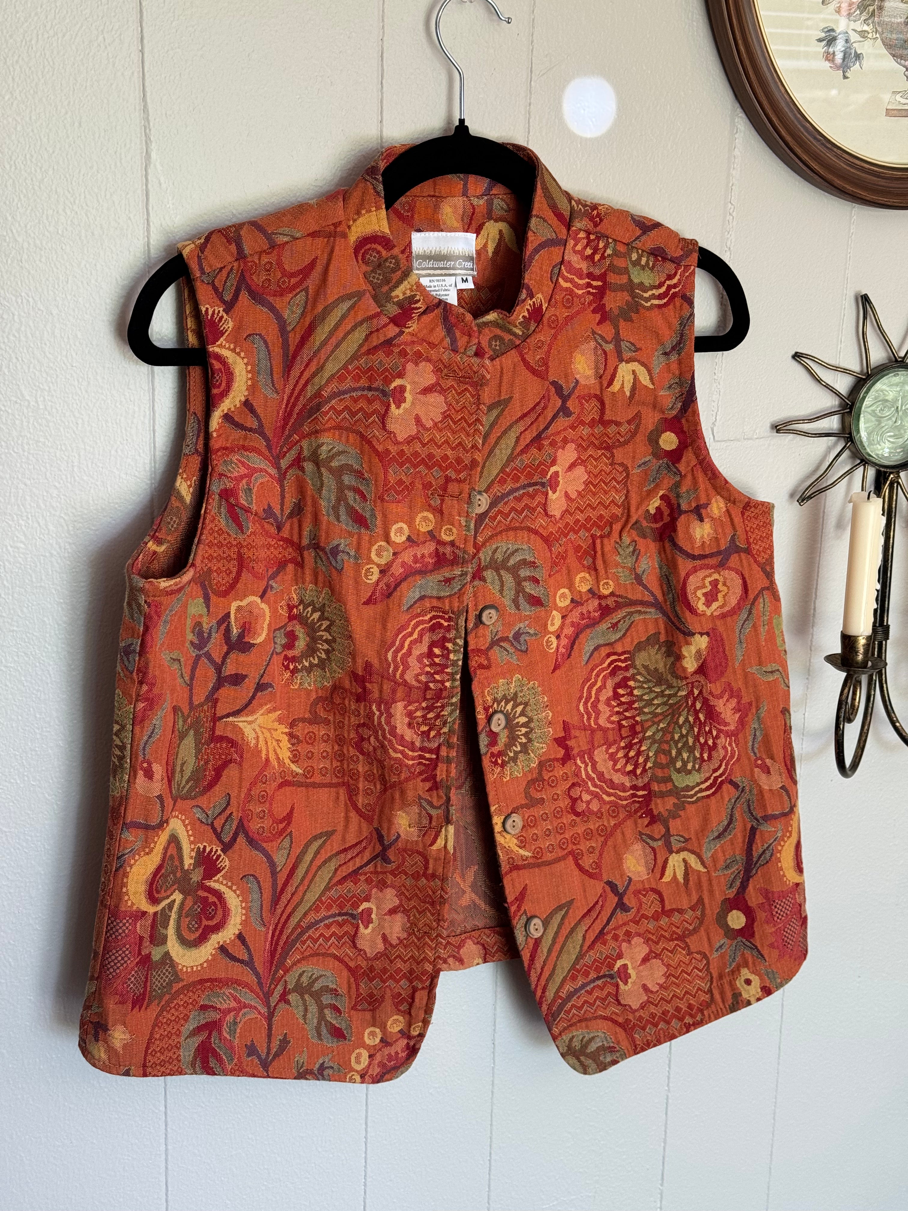 Vintage Coldwater Creek Orange Tapestry Floral Vest / Size Medium