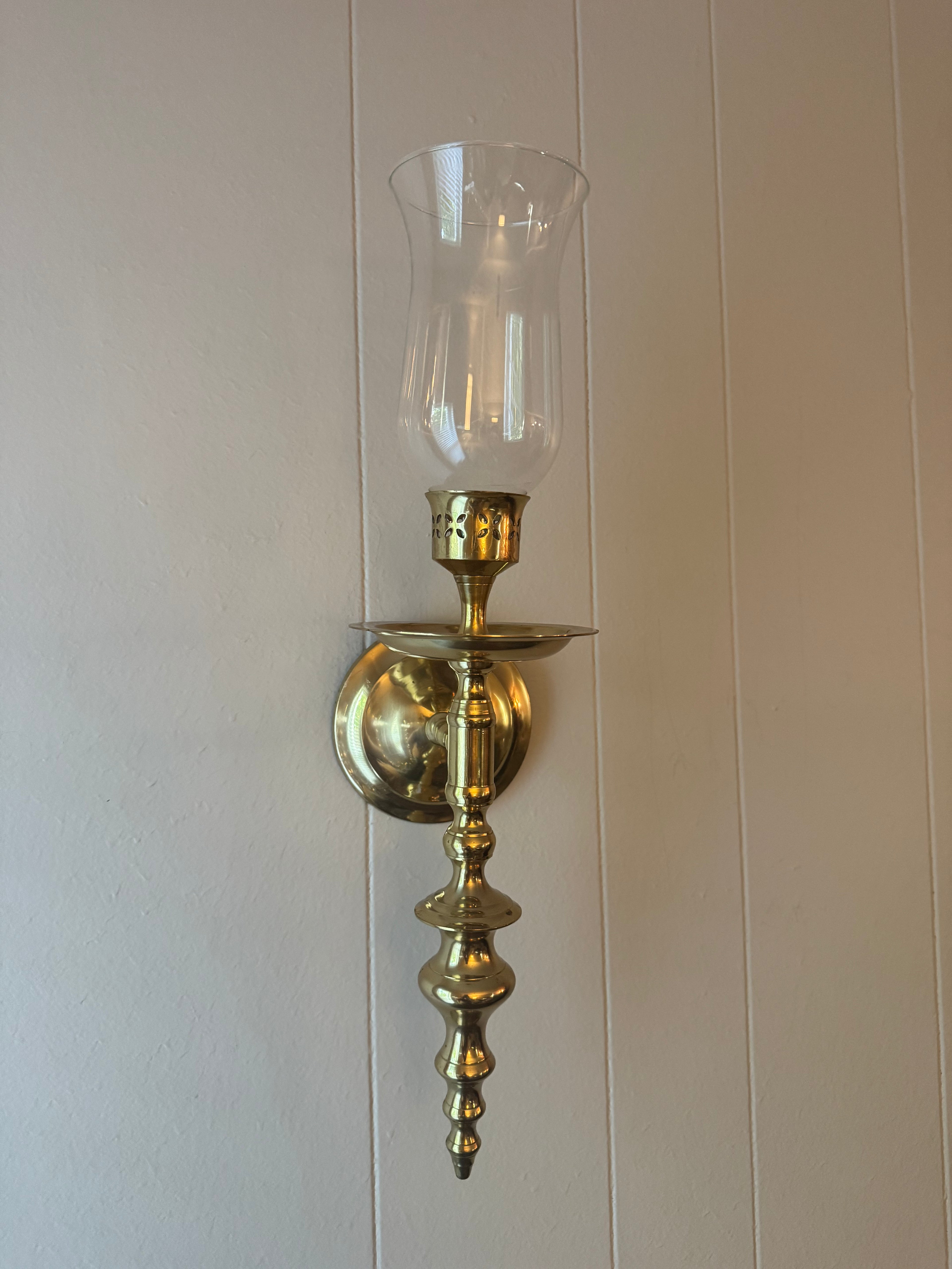 Vintage Solid Brass Wall Sconce Candlestick Holder with Clear Hurricane Glass