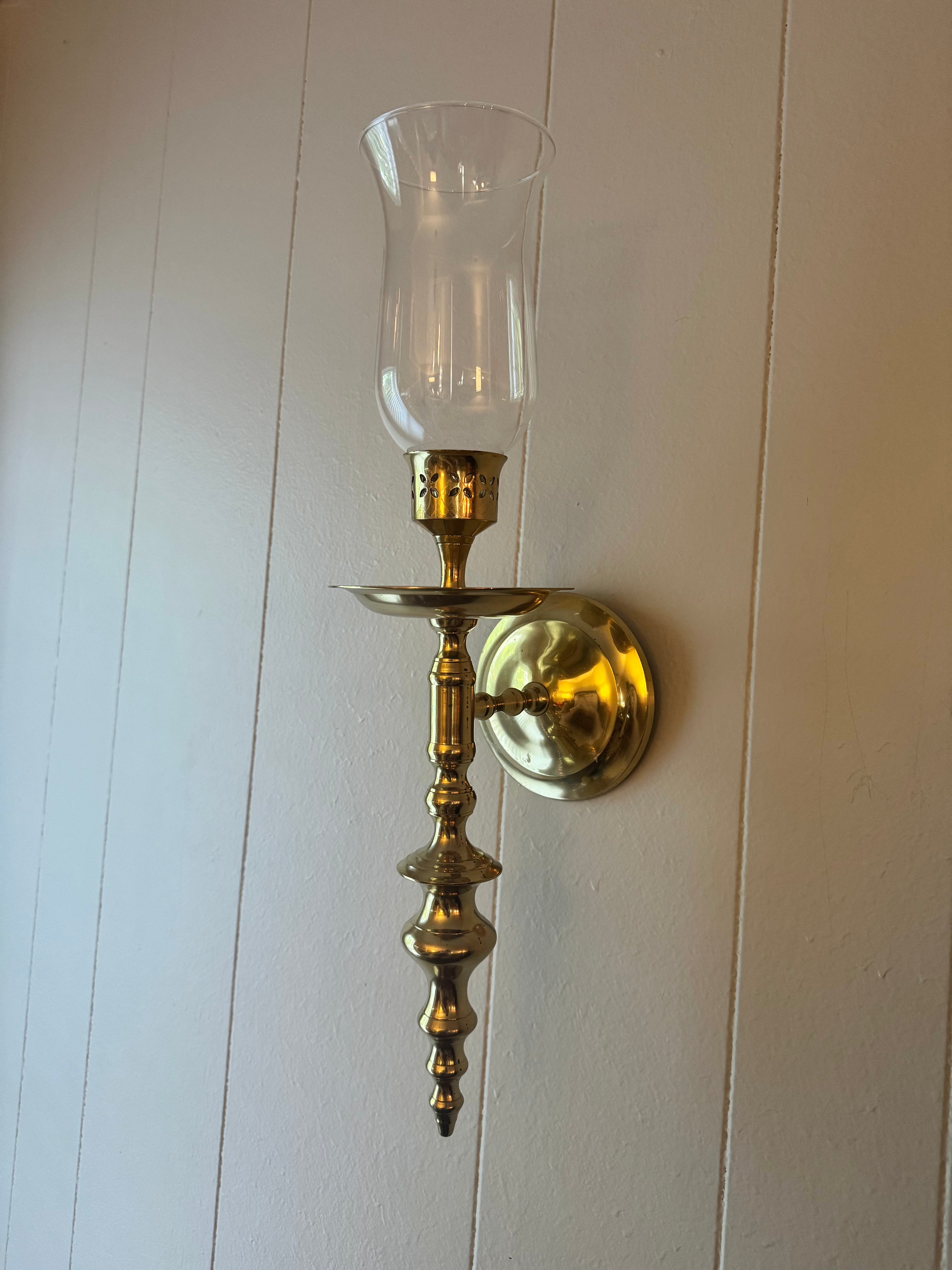 Vintage Solid Brass Wall Sconce Candlestick Holder with Clear Hurricane Glass