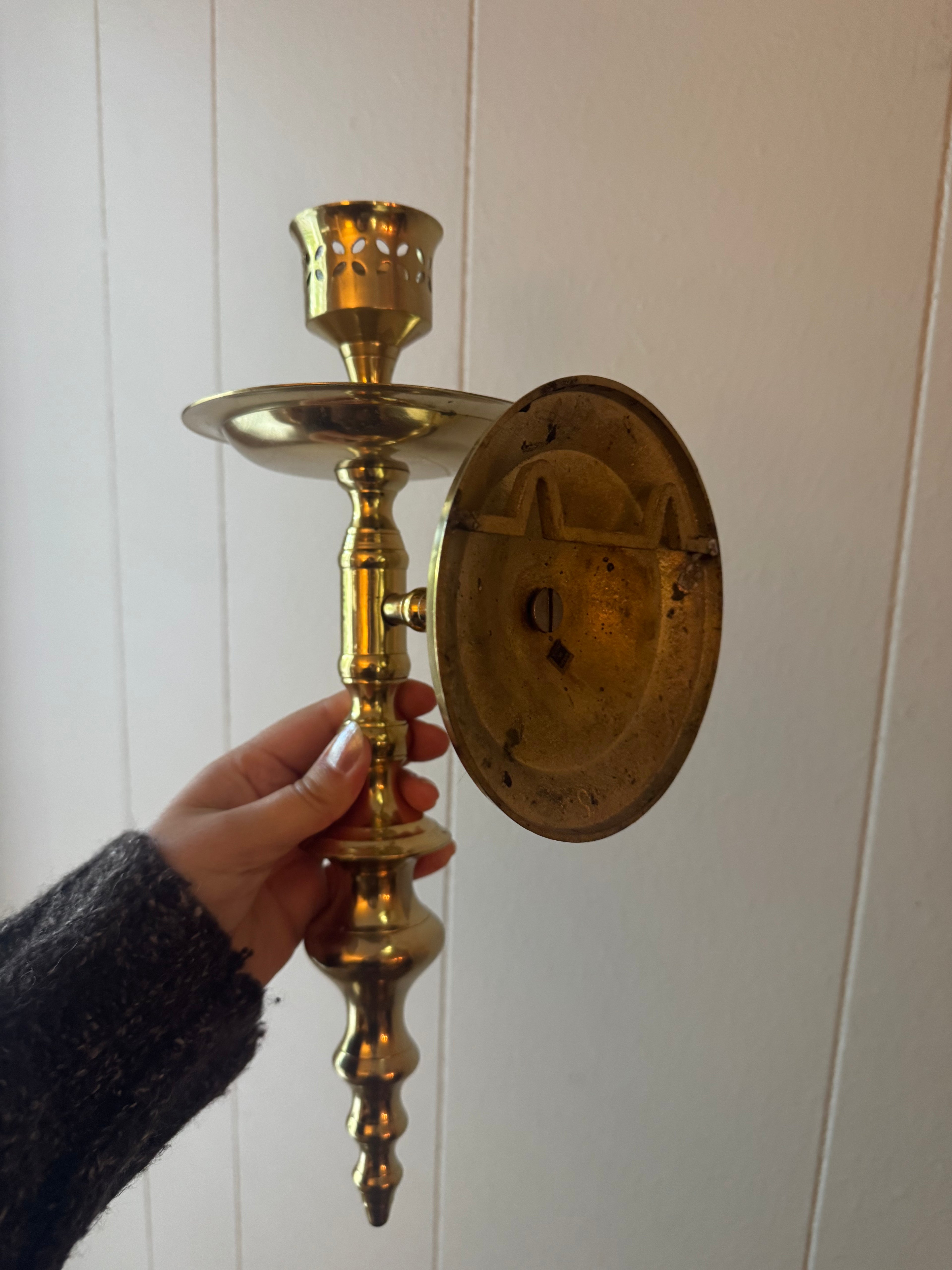 Vintage Solid Brass Wall Sconce Candlestick Holder with Clear Hurricane Glass