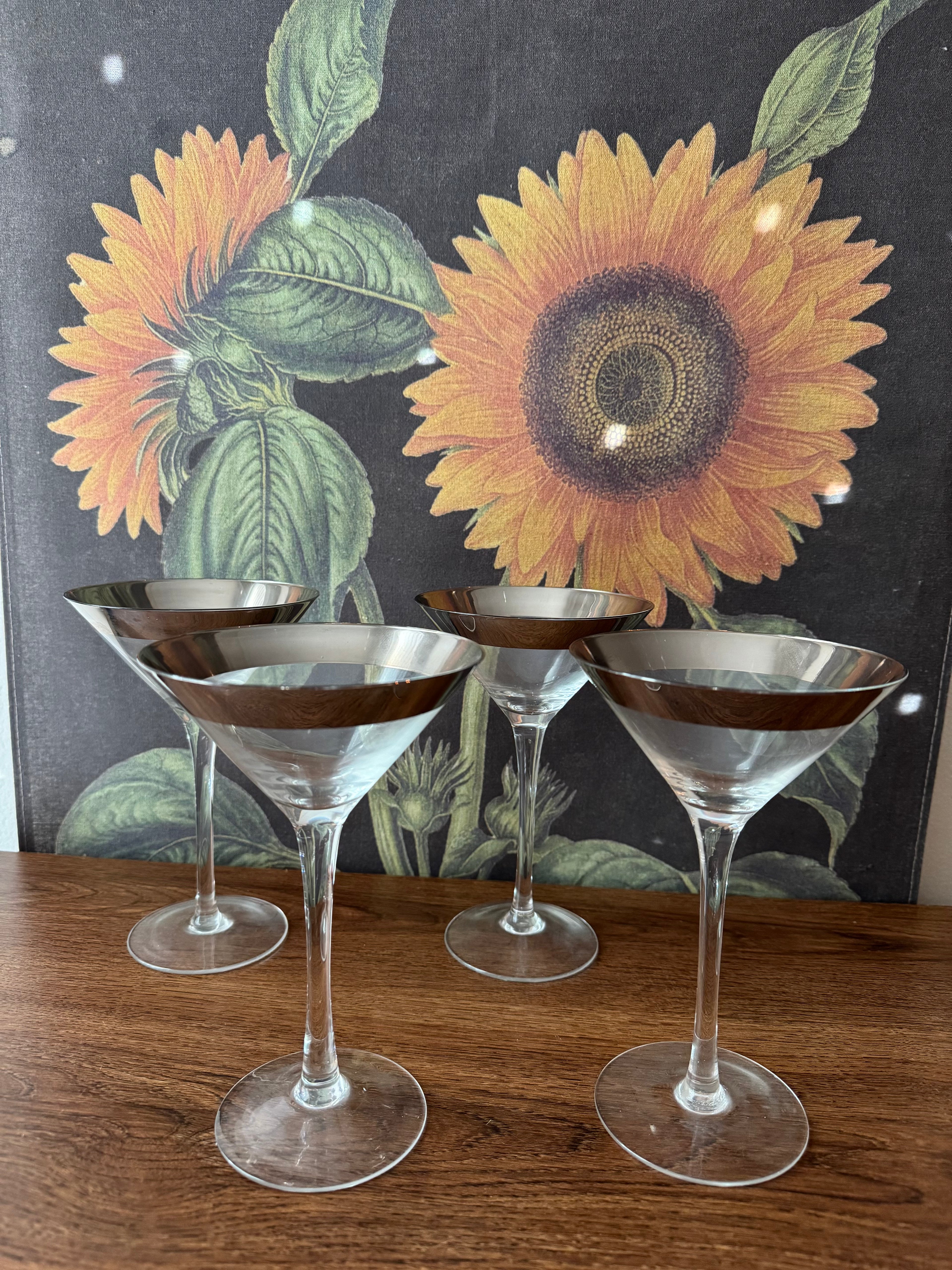 Set of 4 Vintage MCM Martini Glasses / Thick Silver/Platinum Rim / MCM Barware