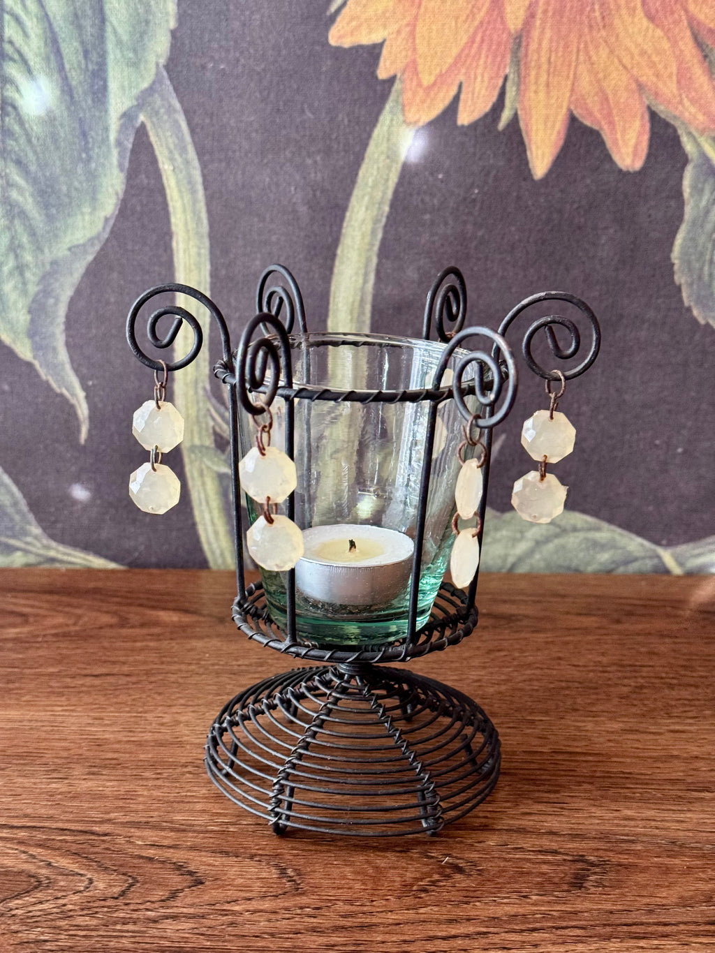 Vintage Black Wire Votive Tealight Candle Holder with Bead Drops