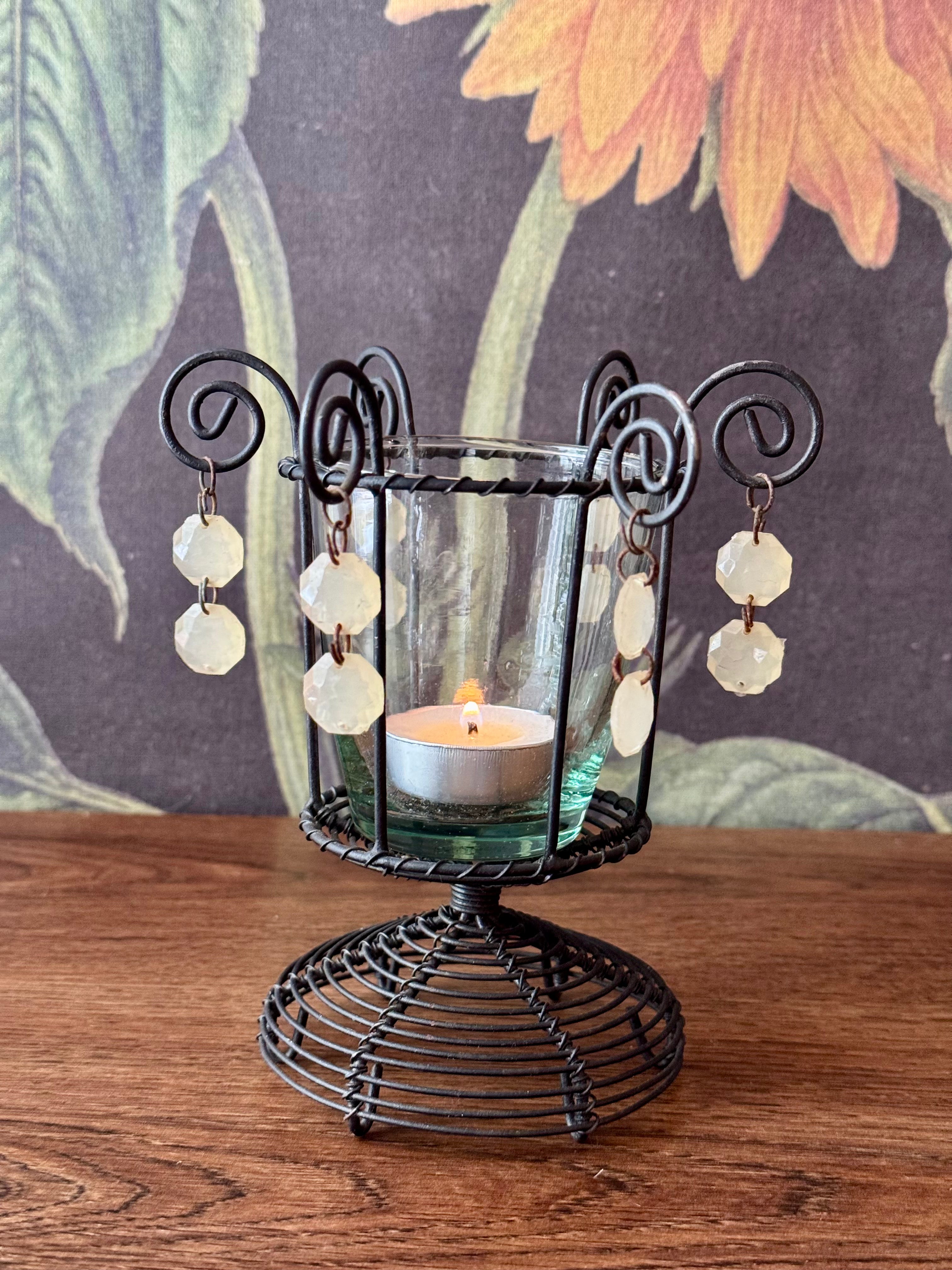 Vintage Black Wire Votive Tealight Candle Holder with Bead Drops