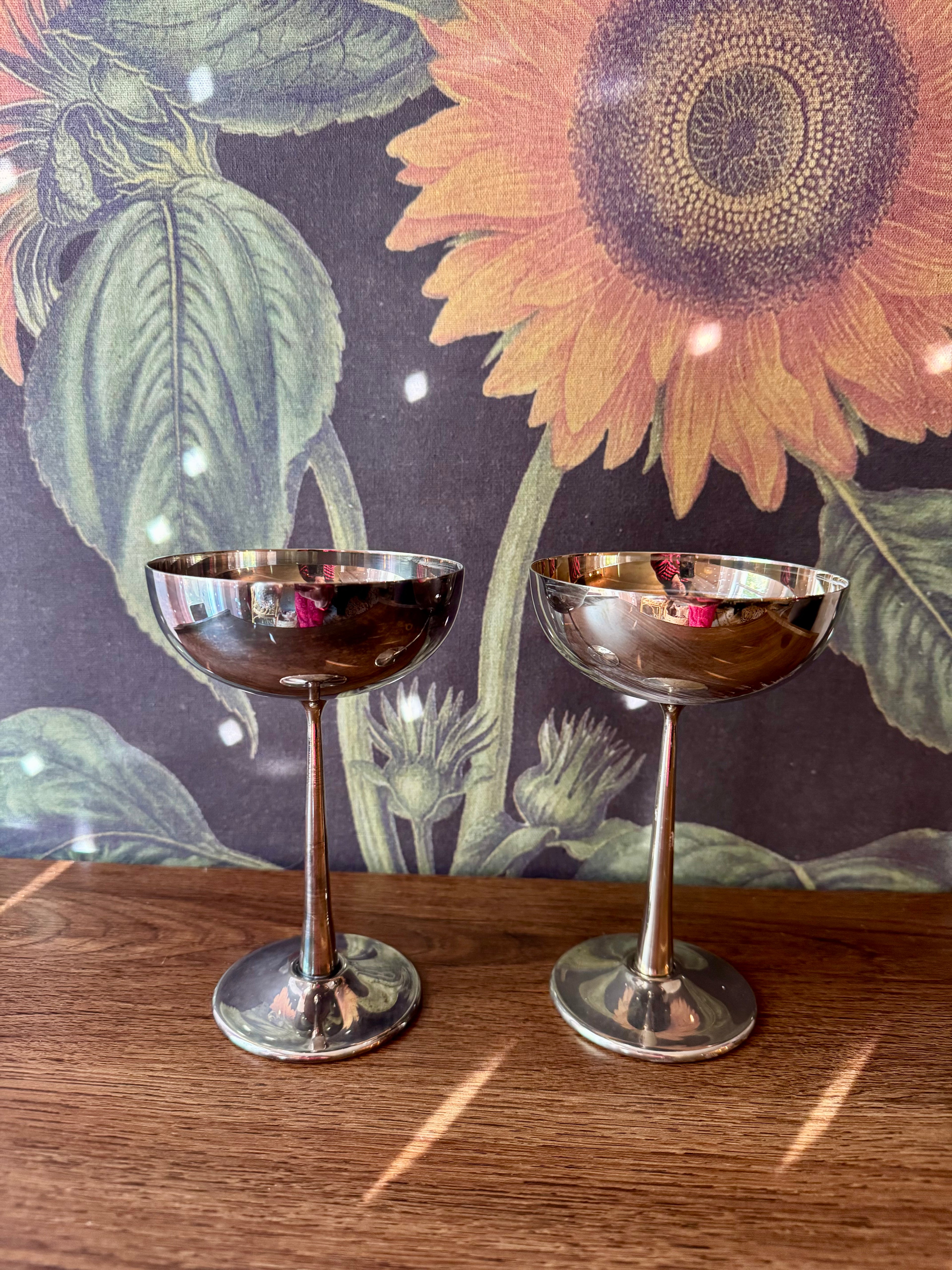 Vintage Silverplated Champagne Coupe Glasses, Set of 2 / Art Deco Barware