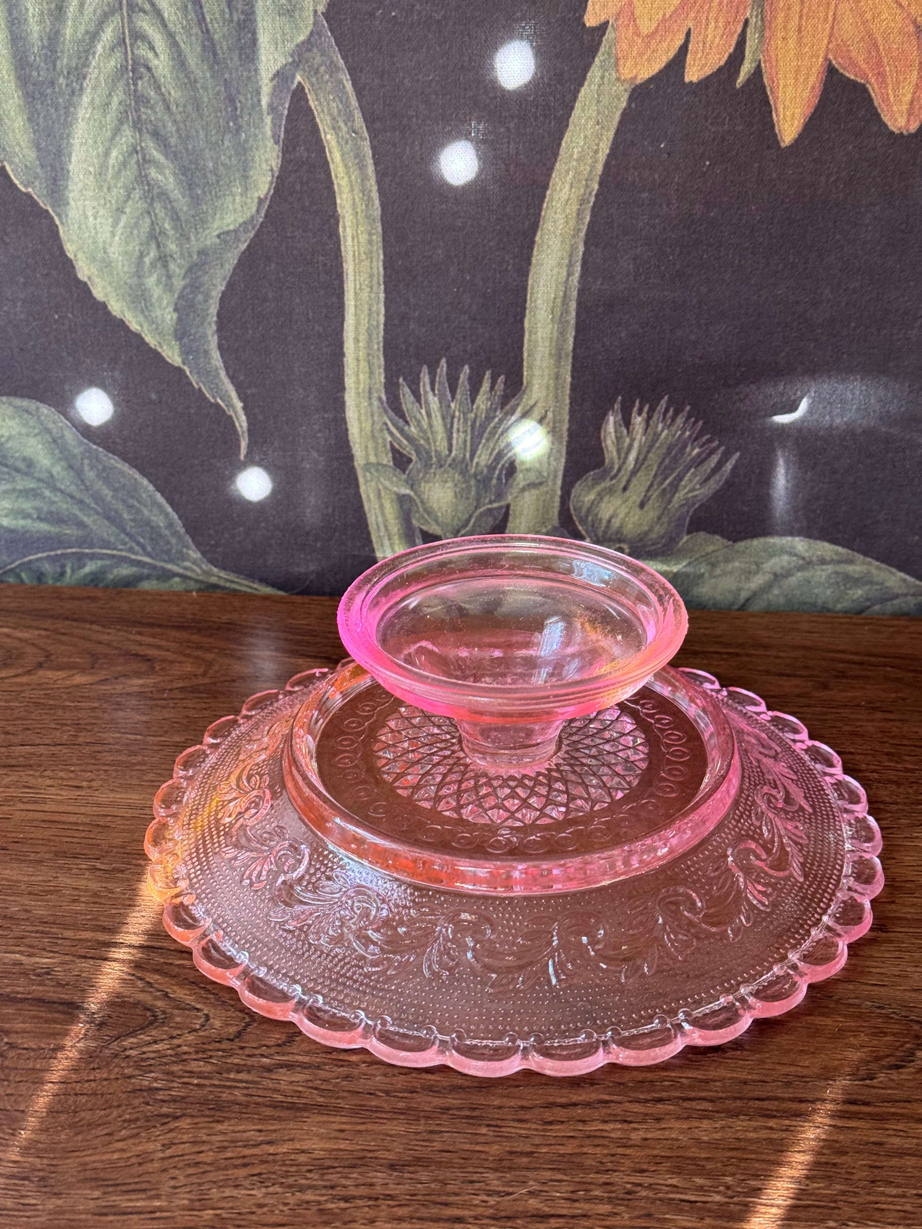 Vintage Pink Sandwich Glass 8" Dessert Cake Plate Stand