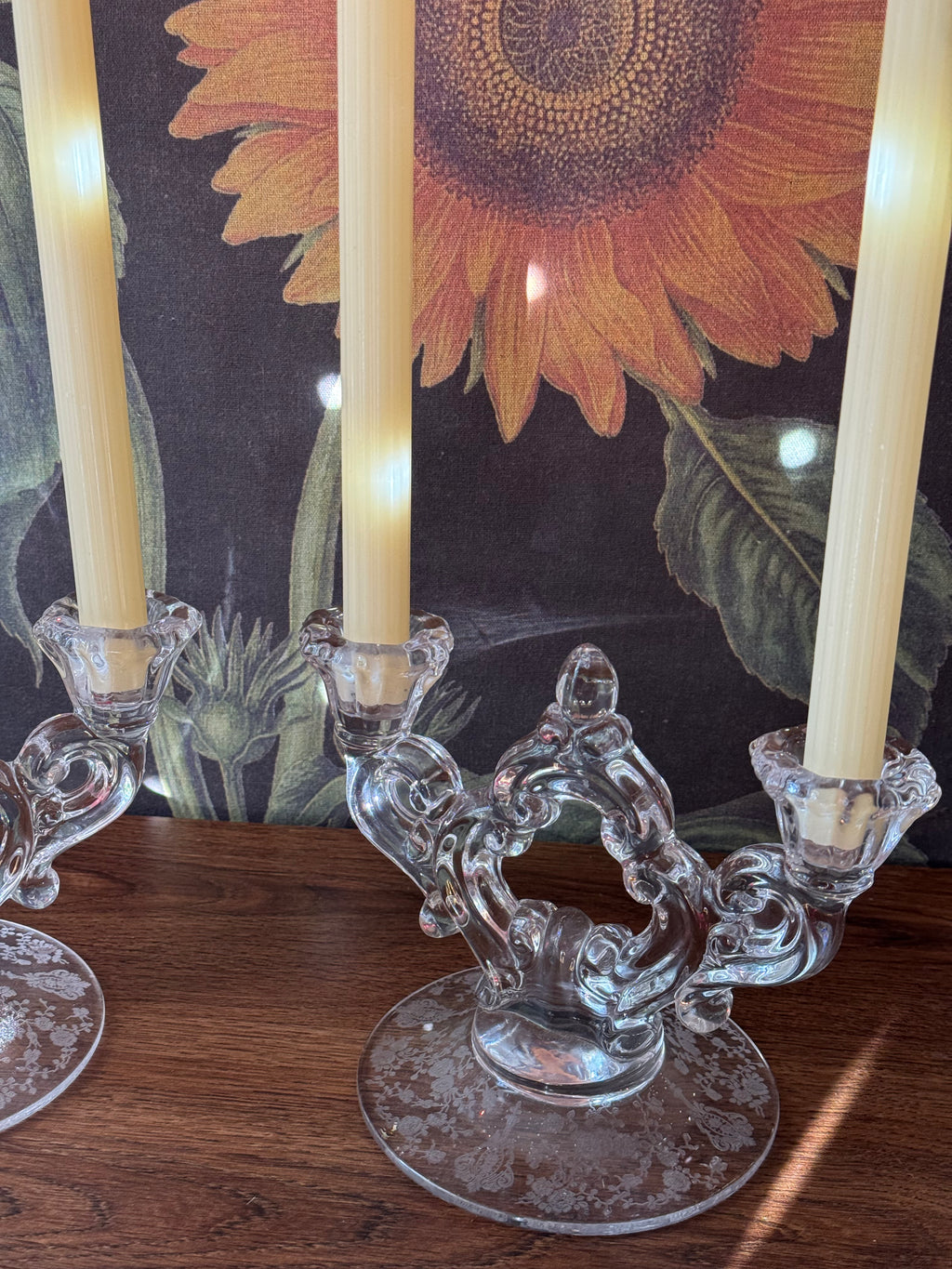 Vintage Cambridge Keyhole Double Candlestick Holders, Set of 2