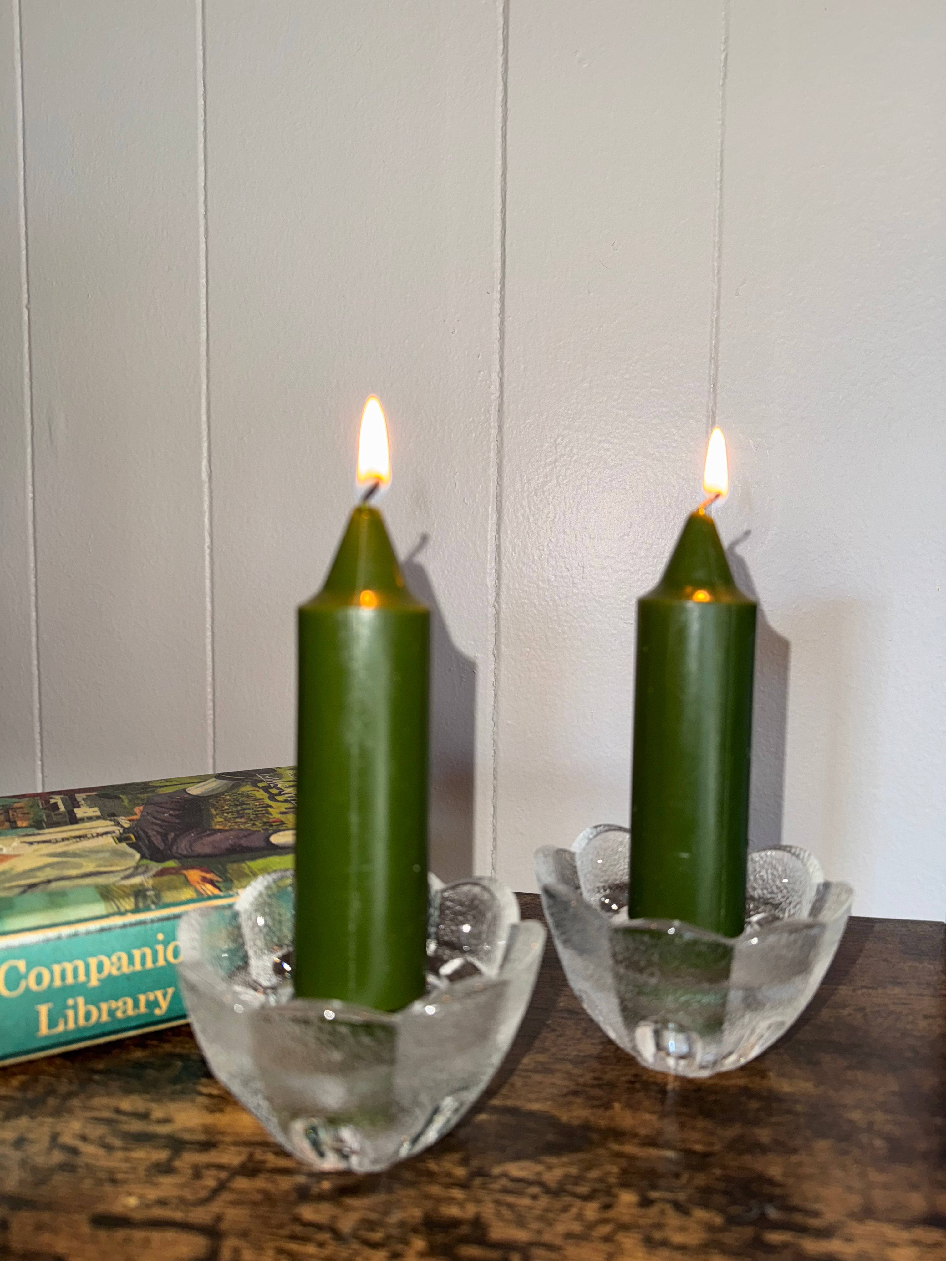 French Vintage Clear Glass Flower-Petal Shaped Candle Holders Set 2