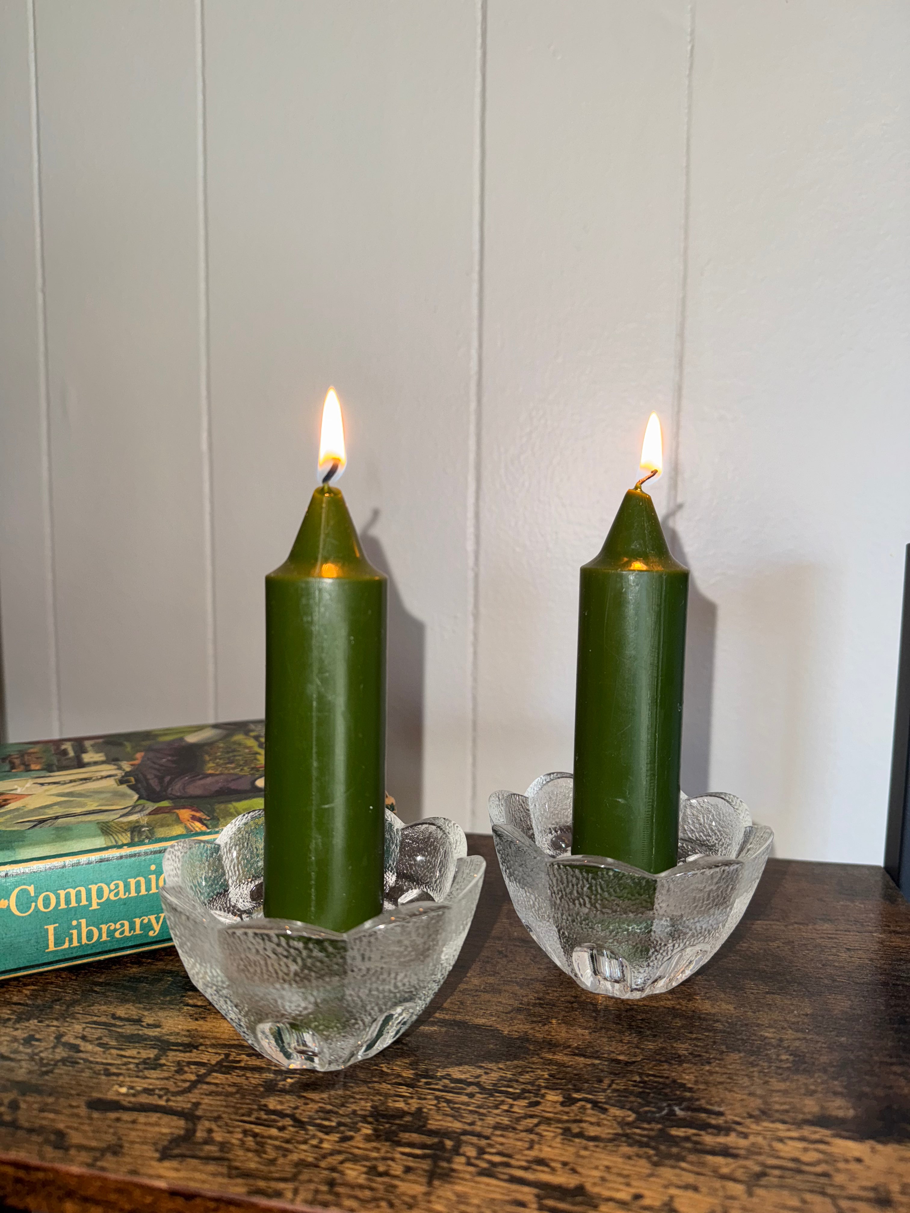 French Vintage Clear Glass Flower-Petal Shaped Candle Holders Set 2