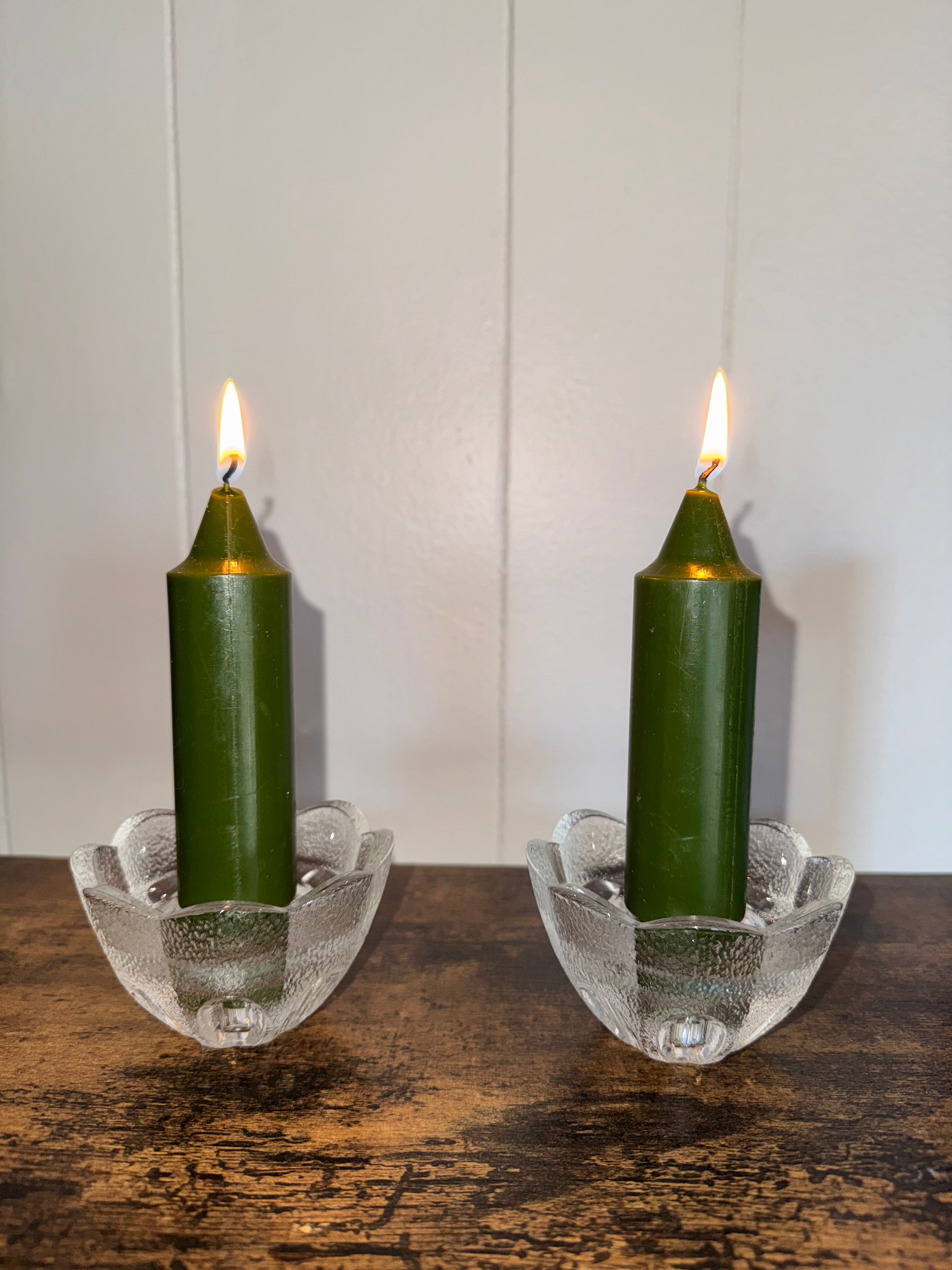 French Vintage Clear Glass Flower-Petal Shaped Candle Holders Set 2