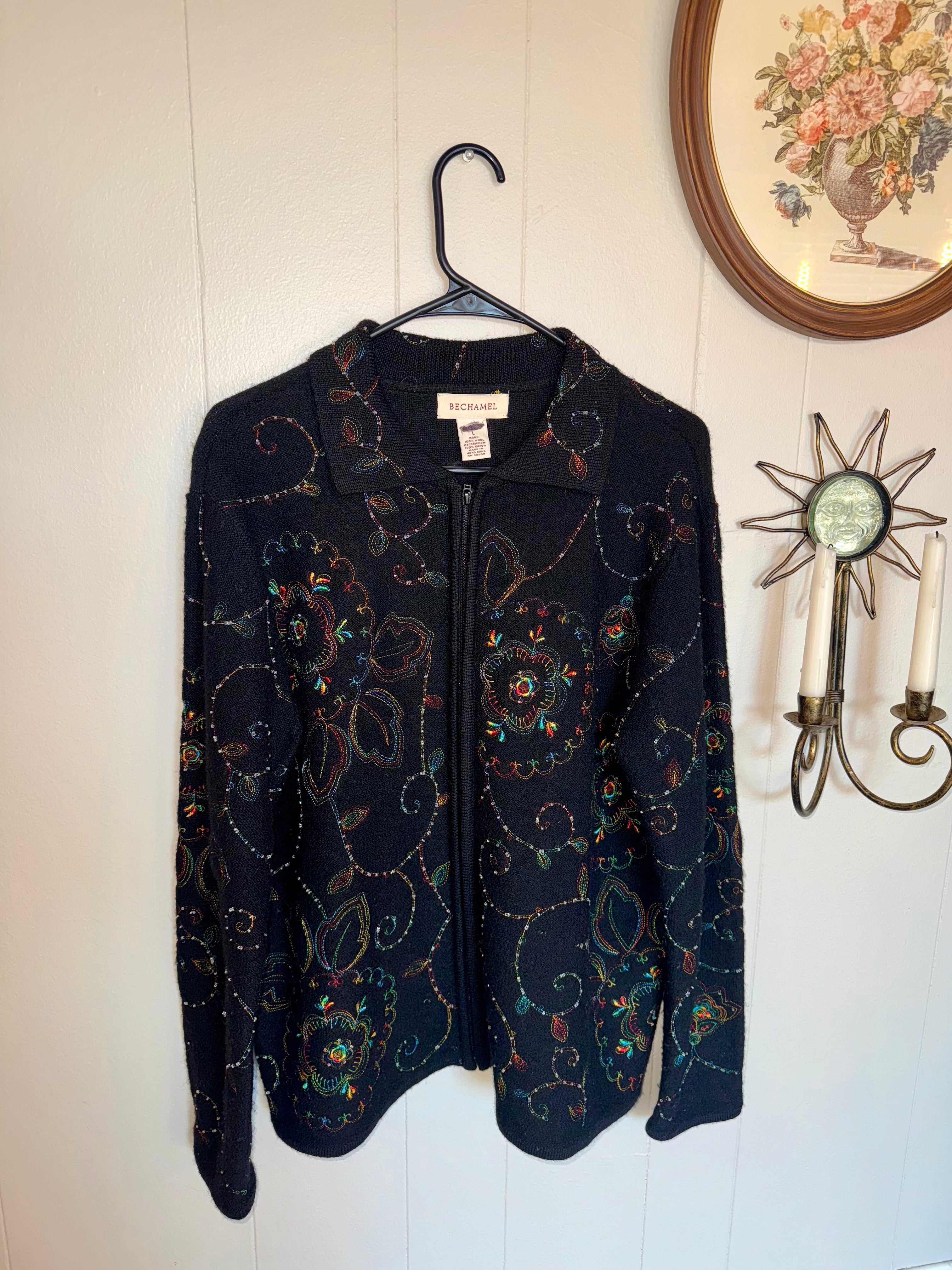 Vintage Bechamel Wool Cardigan Sweater Size L Zip Floral Embroidered Beads Multicolor