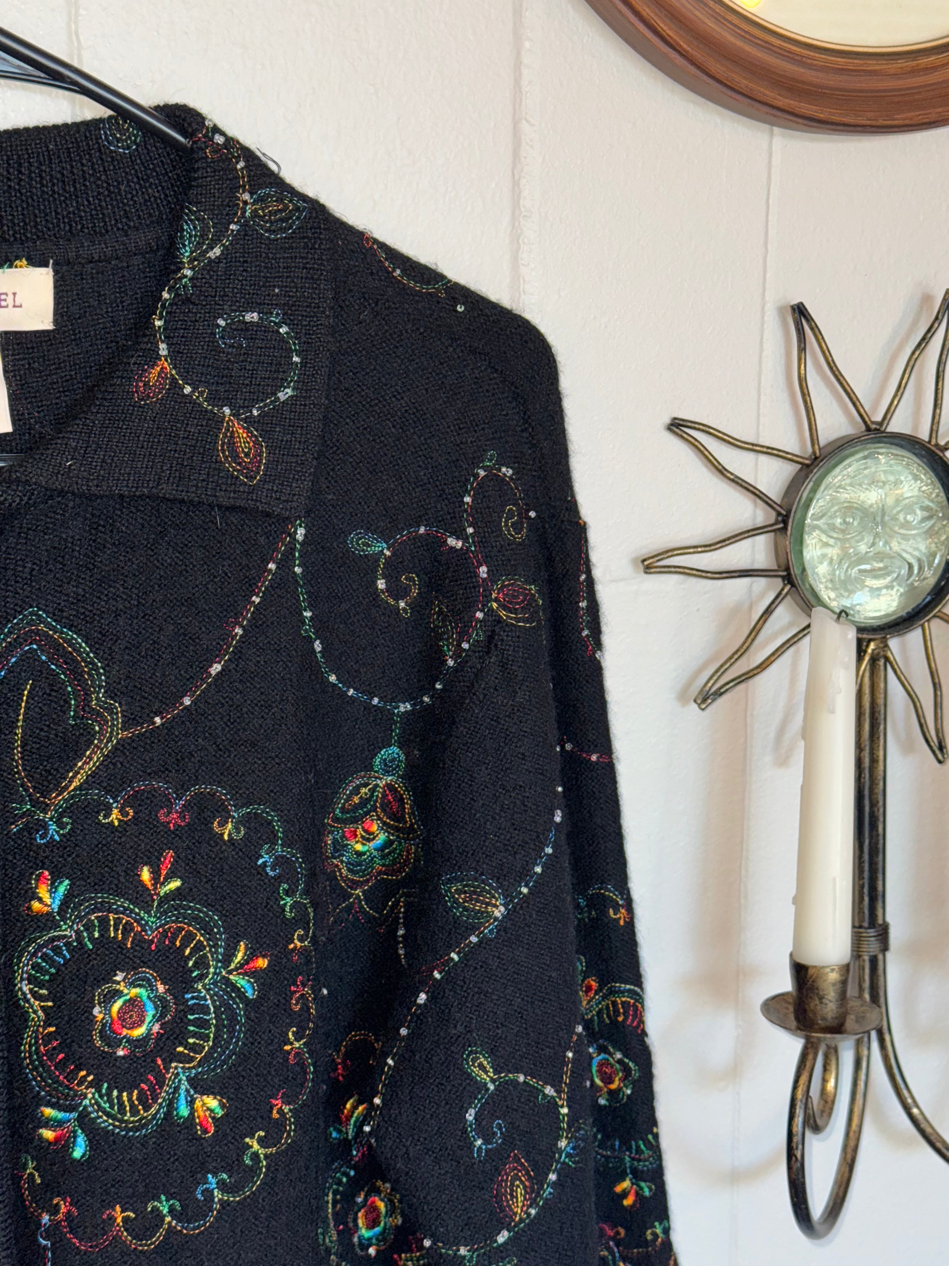 Vintage Bechamel Wool Cardigan Sweater Size L Zip Floral Embroidered Beads Multicolor