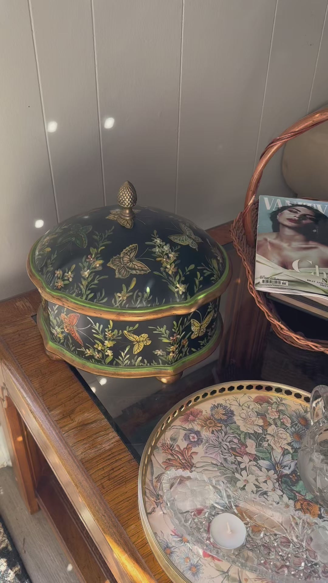 Vintage Hand-Painted Botanical Decorative Storage Box Butterflies and Florals with Brass Top Lid