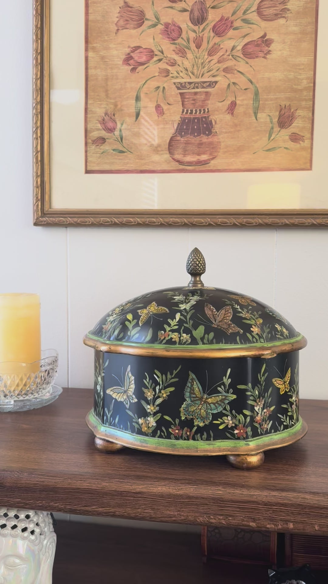 Vintage Hand-Painted Botanical Decorative Storage Box Butterflies and Florals with Brass Top Lid