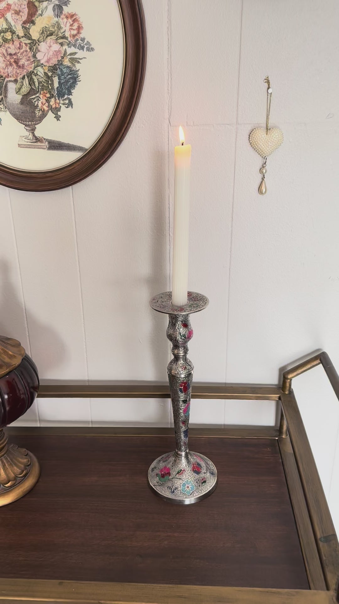 Vintage Silver-Tone Persian Ghalamzani Style Enamel Floral Ornate Engraved Candlestick Holder