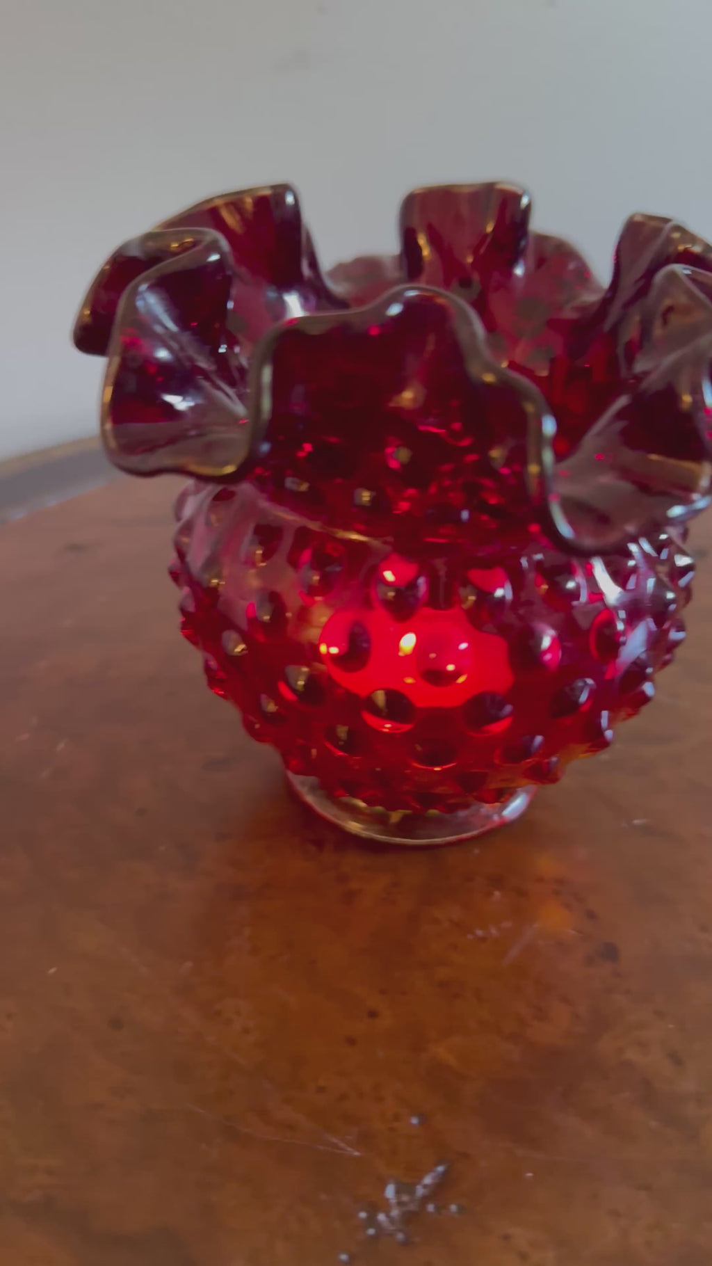Fenton Hobnail Ruby Red Crimped Ruffled Rim Mini Vase / Amberina Glass