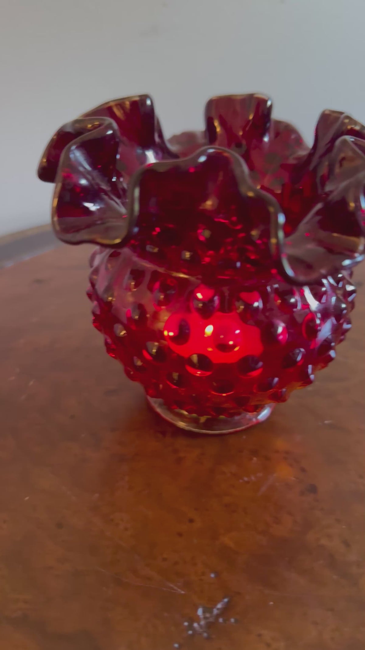 Fenton Hobnail Ruby Red Crimped Ruffled Rim Mini Vase / Amberina Glass