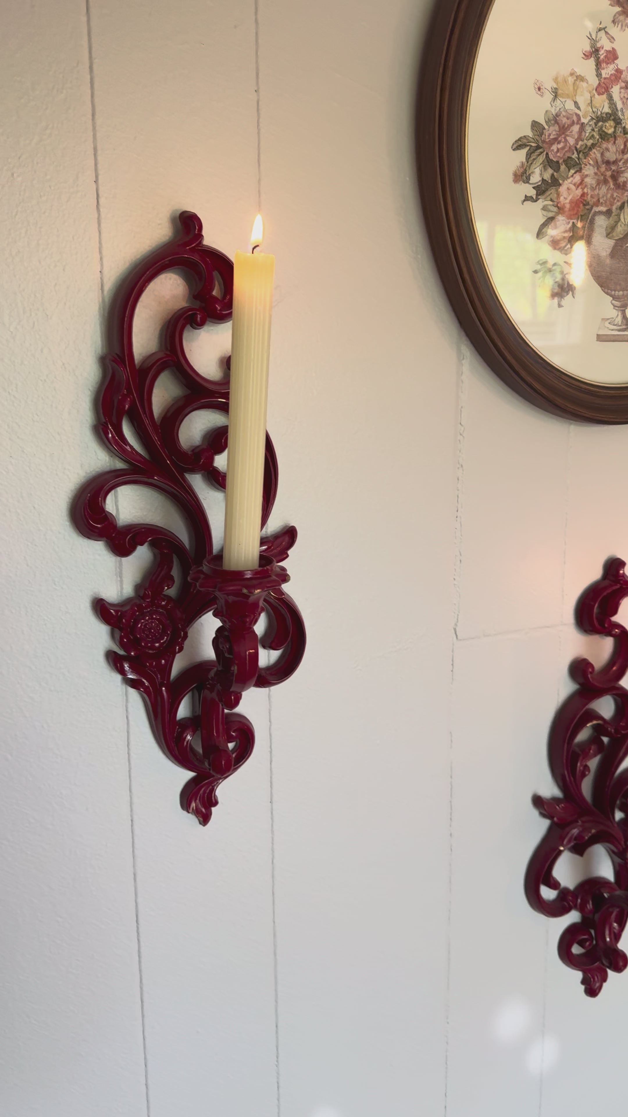 Vintage Syroco Victorian Wall Sconce Candle Holders, Set of 2 / Red with Gold Details