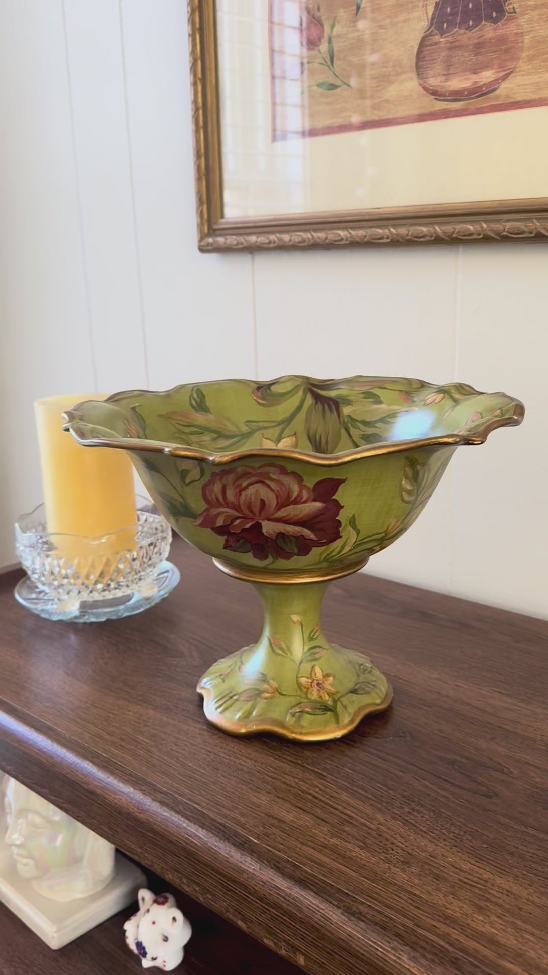 Vintage Green Floral Decorative Footed Bowl by Raymond Waites Studio