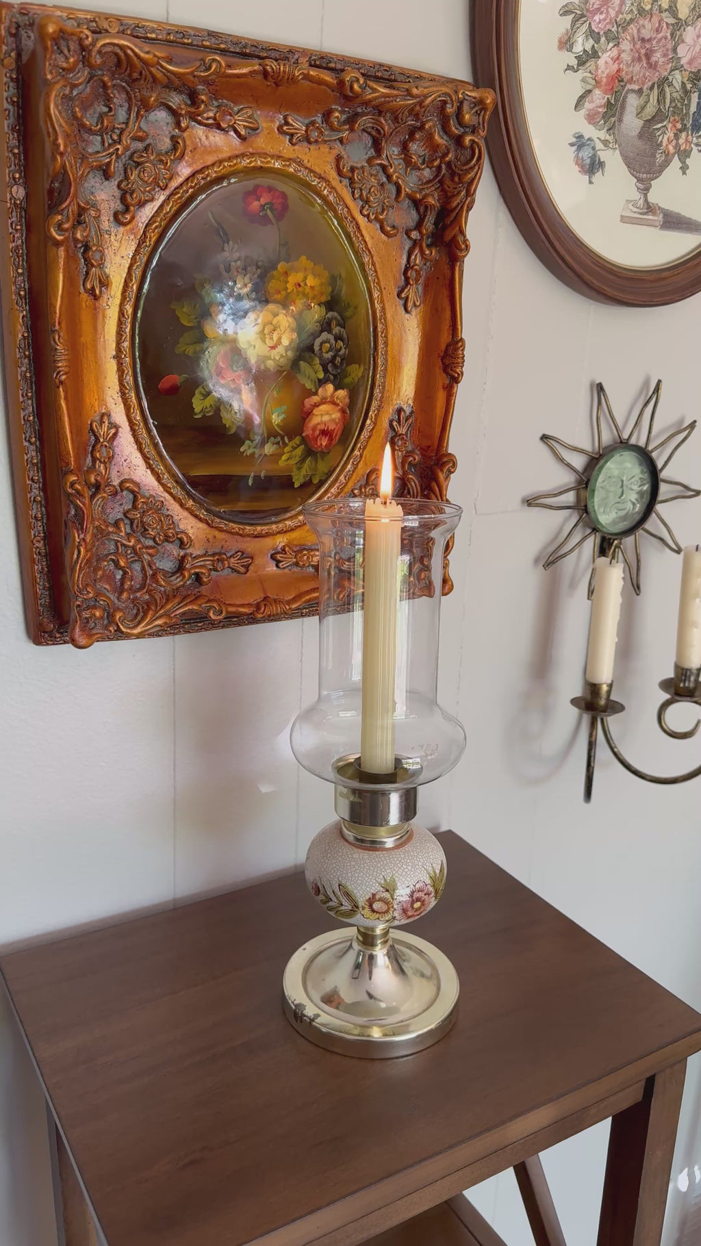 Vintage Hurricane Candlestick Holder with Glass Chimney & Floral Base - Metal & Ceramic