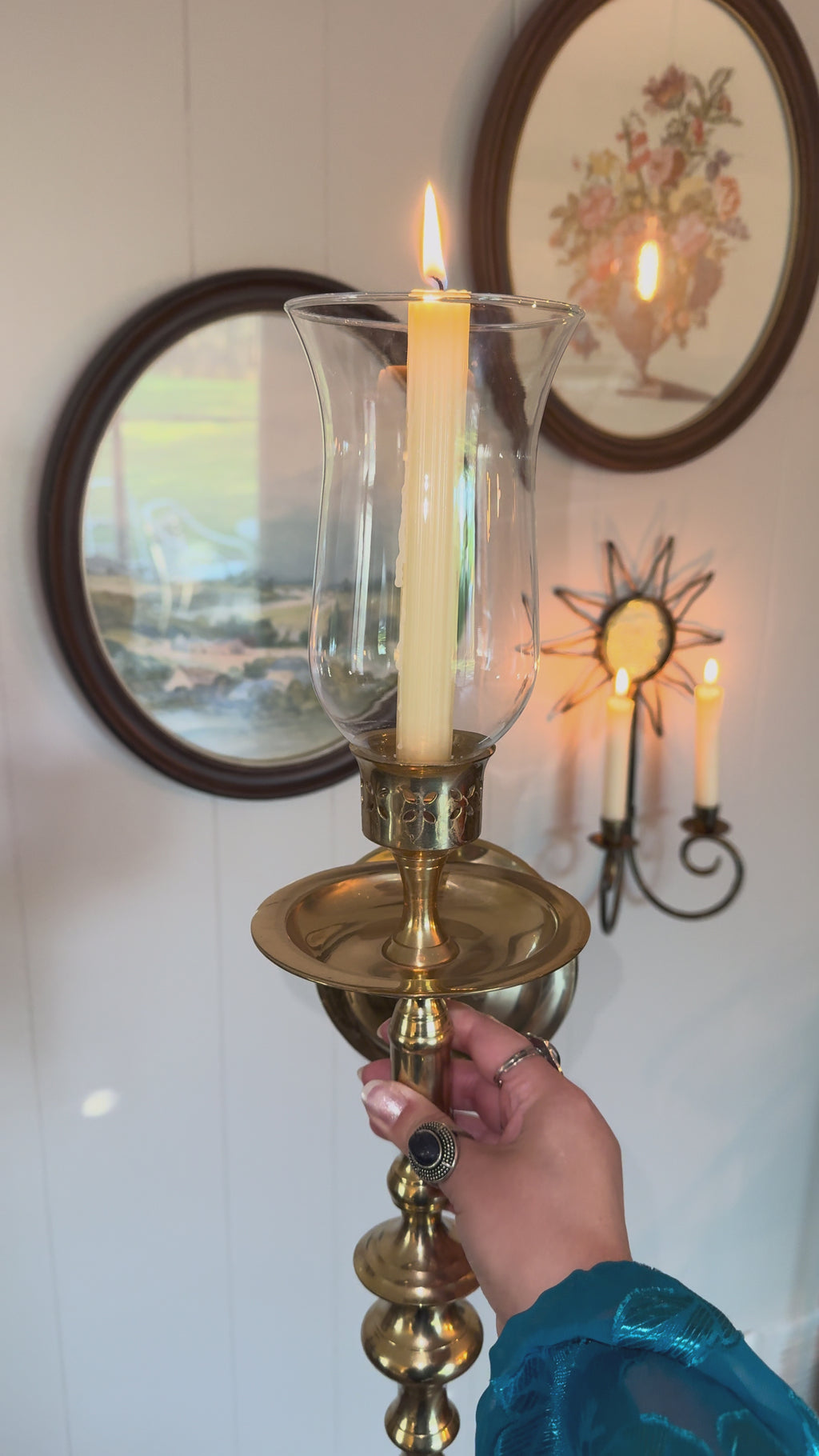 Vintage Solid Brass Wall Sconce Candlestick Holder with Clear Hurricane Glass