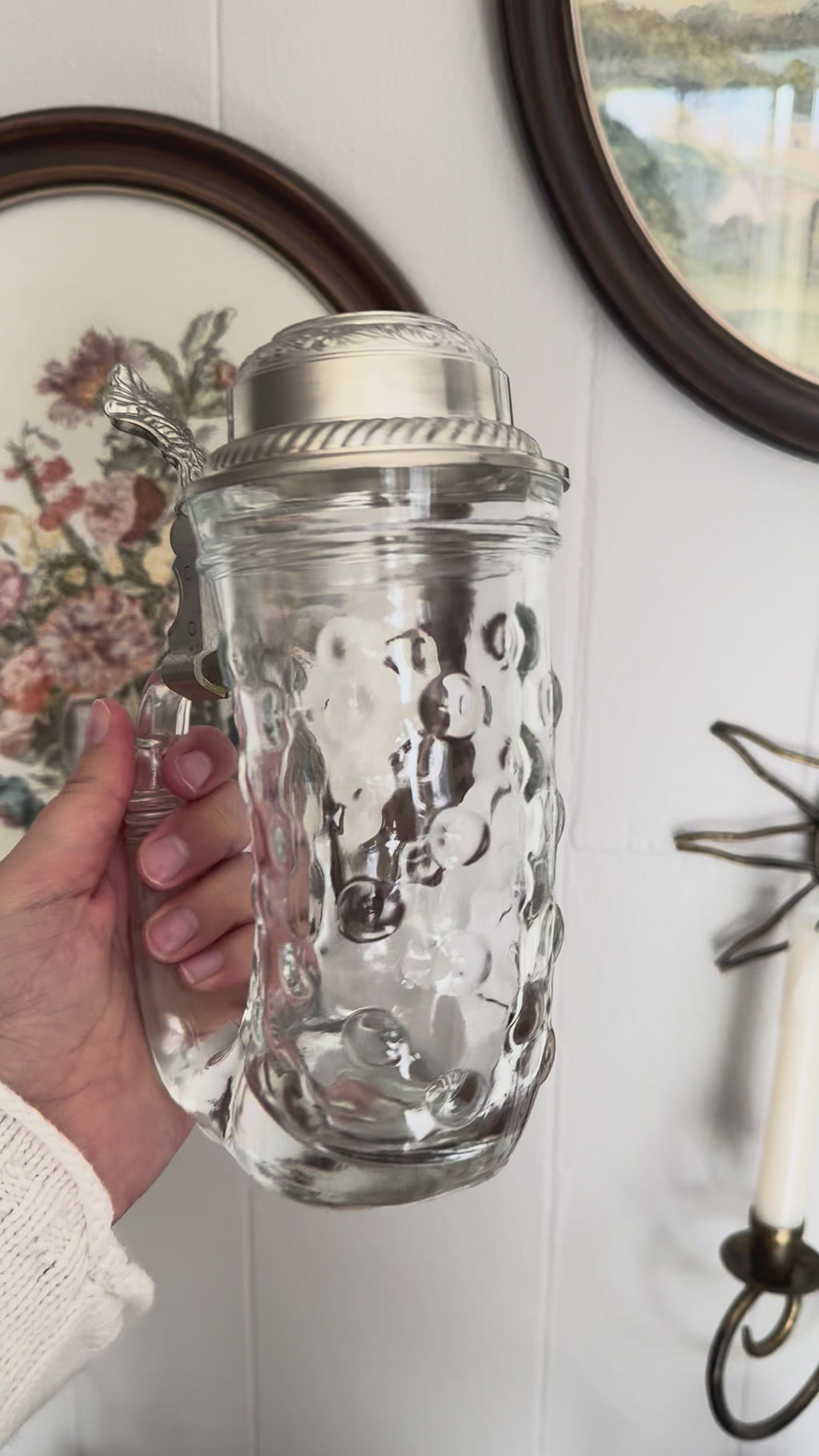 Vintage Hobnail Glass Viking Horn Beer Stein with Silver Pewter Lid, Made in West Germany