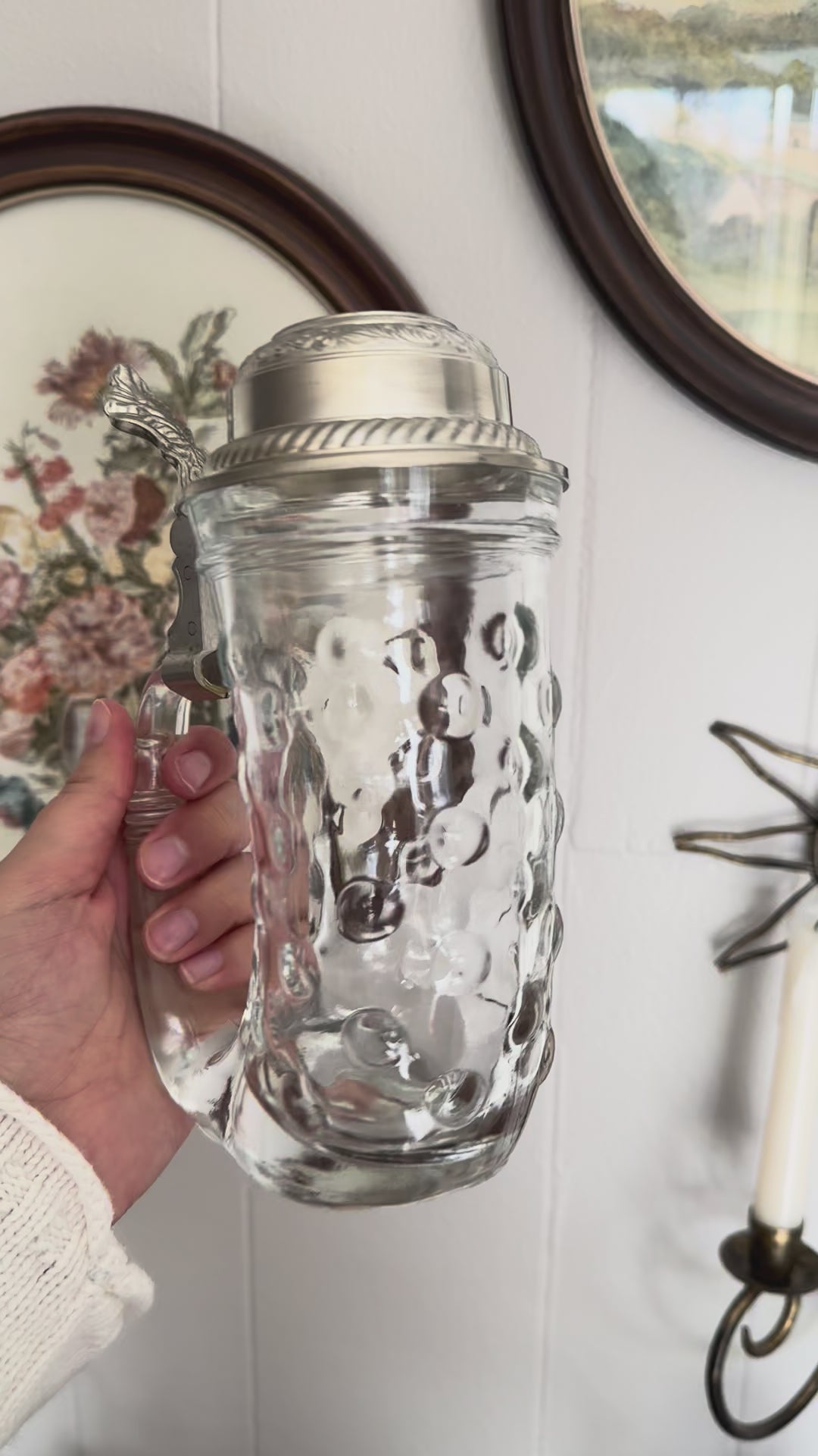 Vintage Hobnail Glass Viking Horn Beer Stein with Silver Pewter Lid, Made in West Germany